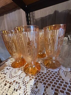 Set of 5 Vintage Iridescent Amber Pressed Glass Goblets